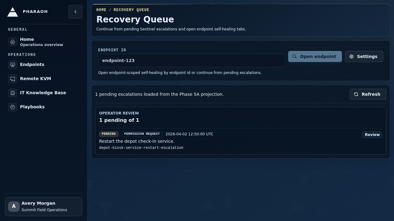 Self-Healing overview page showing pending escalation list, endpoint lookup field, and triage controls