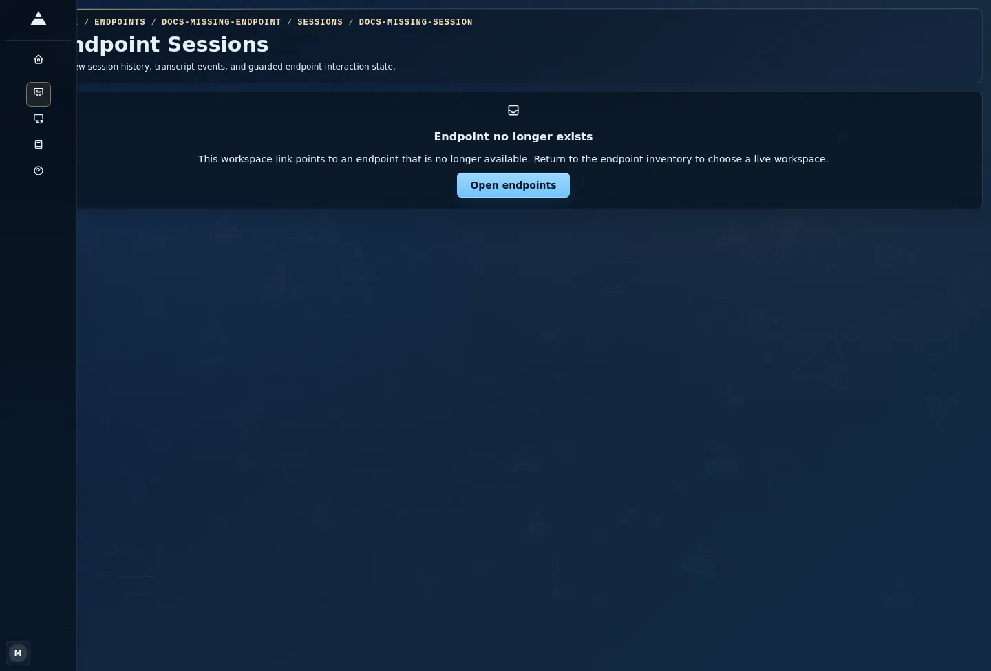 Light-theme error-state capture showing the session workspace unable to load an endpoint by ID.
