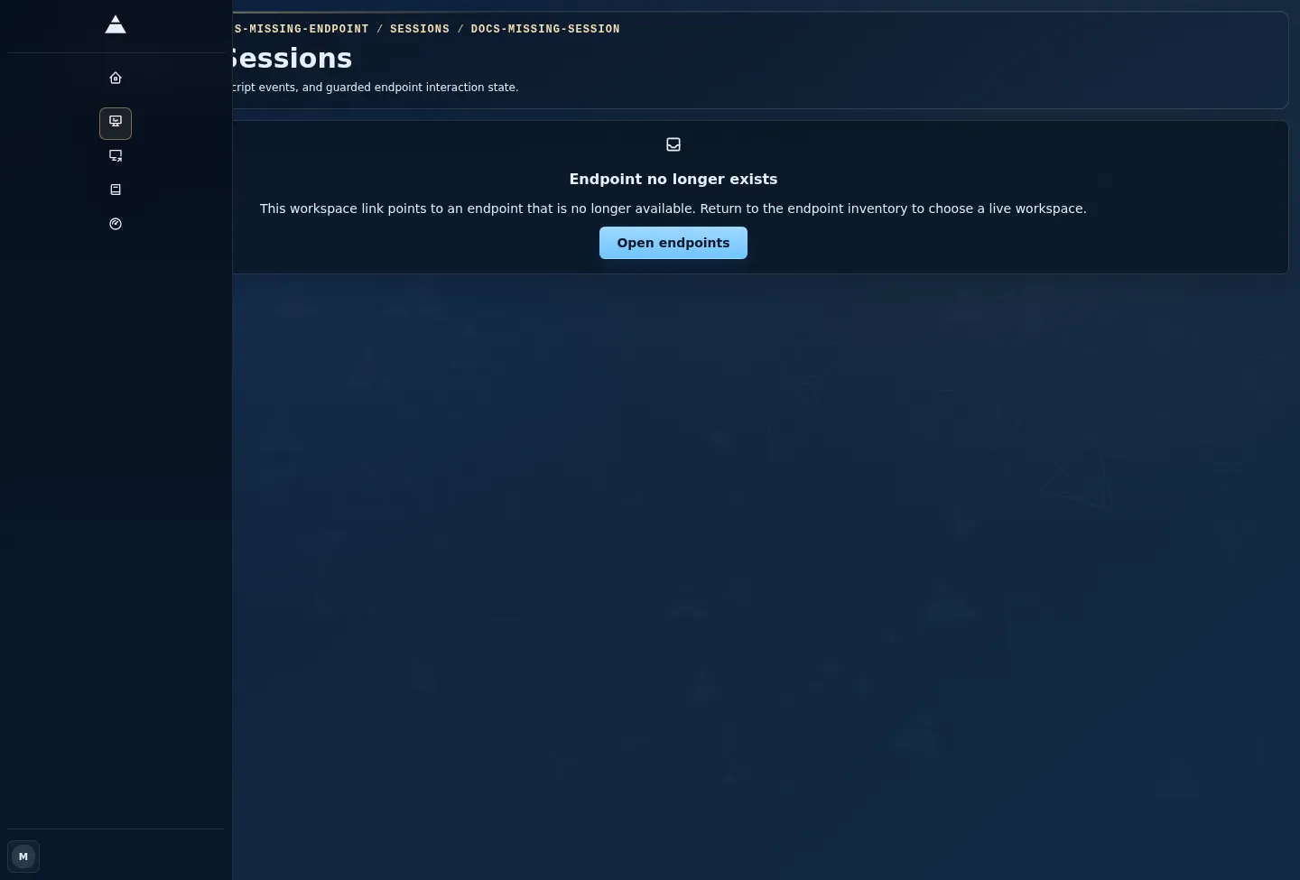 Light-theme error-state capture showing the session workspace unable to load an endpoint by ID.
