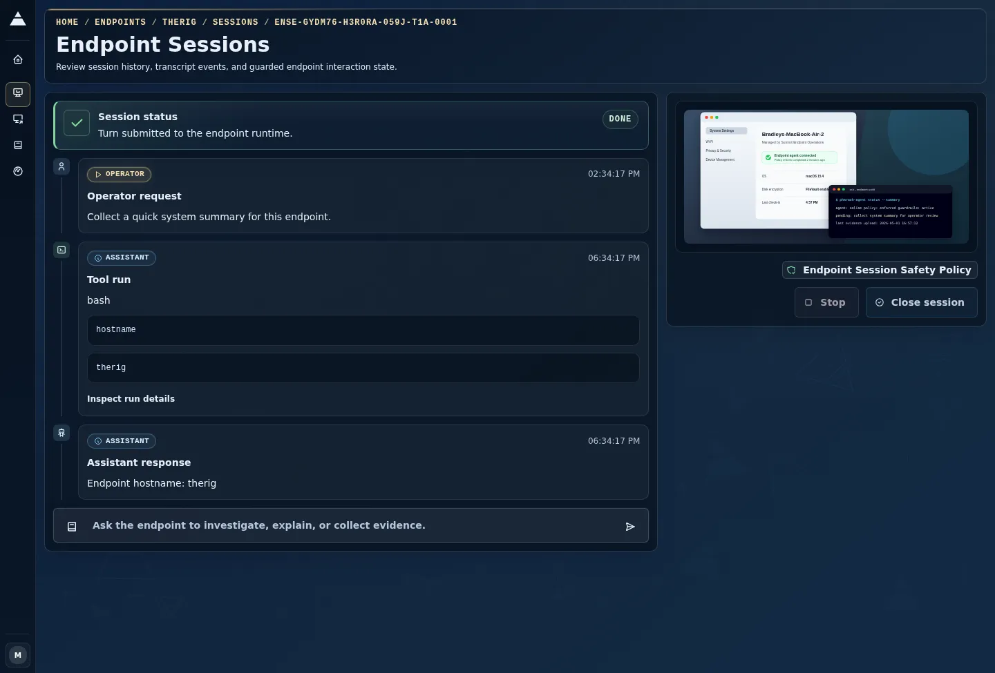 Dark endpoint session workspace showing live endpoint intelligence, policy posture, evidence ledger, and active turn controls.