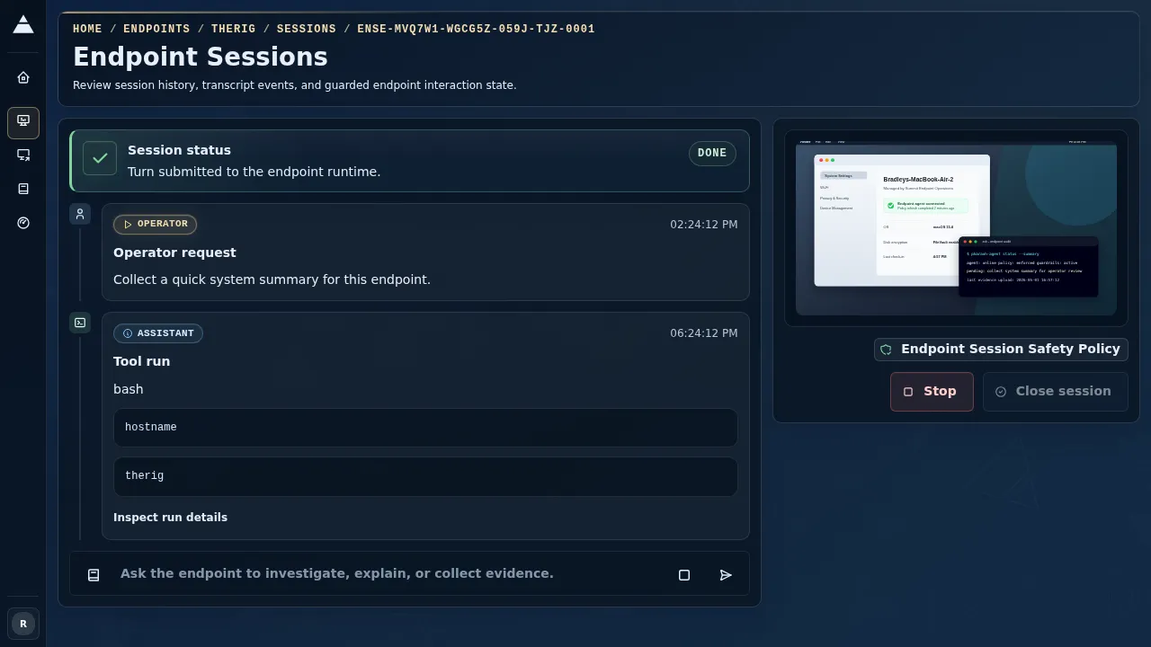 Endpoint session workspace showing a running guarded turn, agent worklog, lifecycle controls, and live endpoint intelligence.