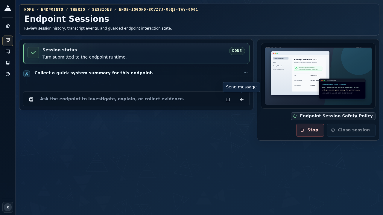 Pharaoh endpoint session workspace showing an active guarded endpoint turn, agent worklog, evidence ledger, and live endpoint intelligence panel