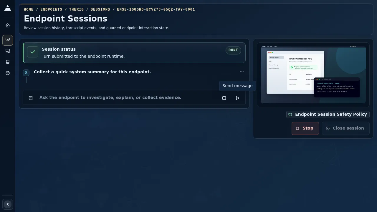 Endpoint session workspace showing a running guarded turn, agent worklog, lifecycle controls, and live endpoint intelligence.