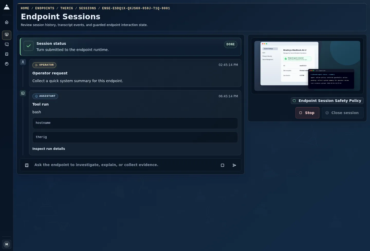 Dark endpoint session workspace showing the agent worklog beside live endpoint intelligence and session lifecycle controls.