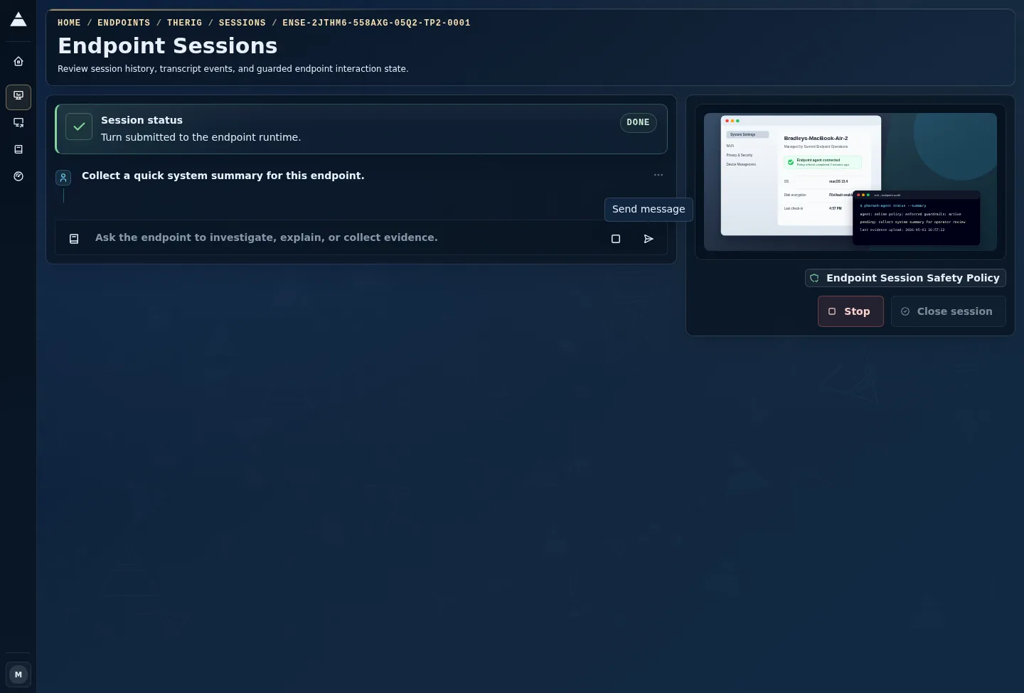 Dark endpoint session workspace showing live endpoint intelligence, policy posture, evidence ledger, and active turn controls.