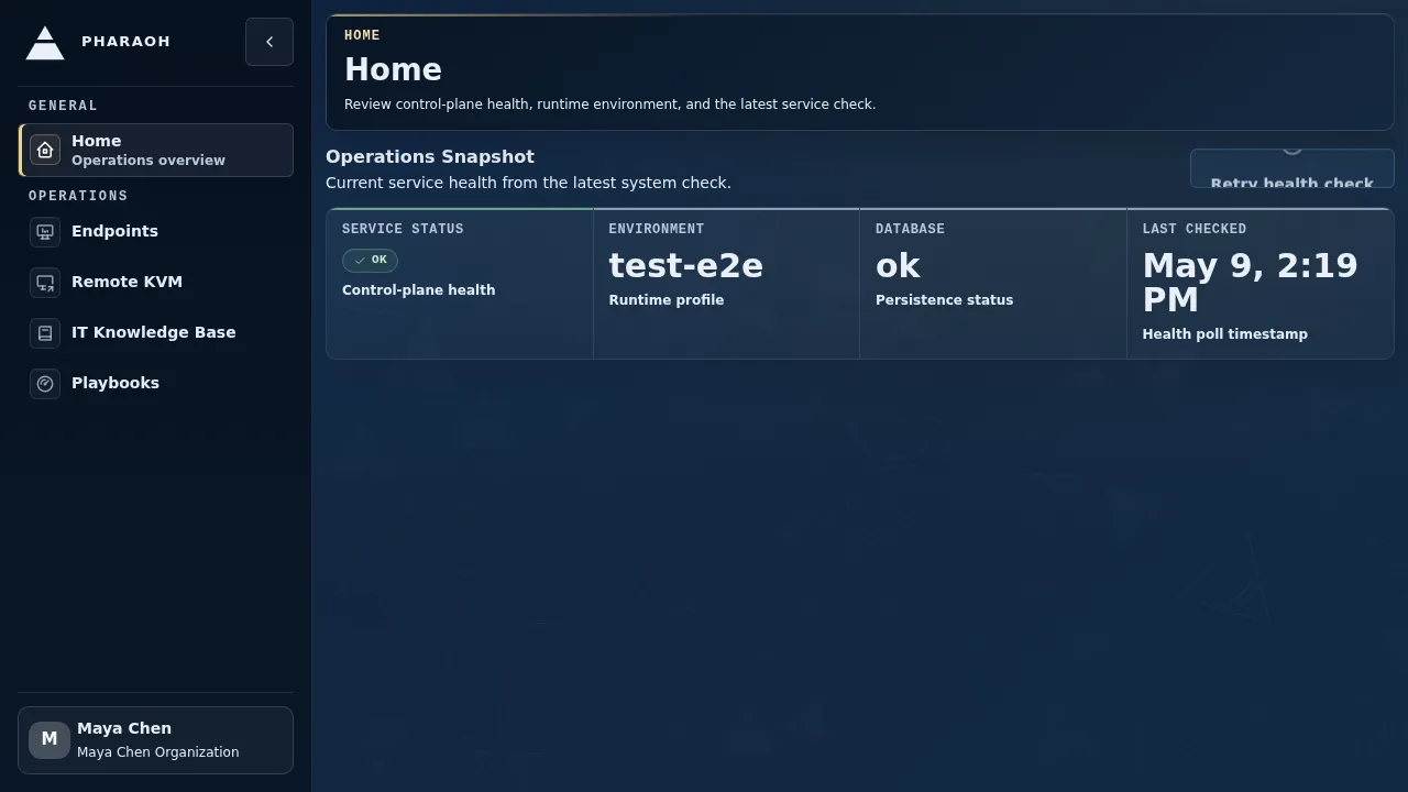 Authenticated Pharaoh home screen with the shell navigation and Operations Snapshot card visible.