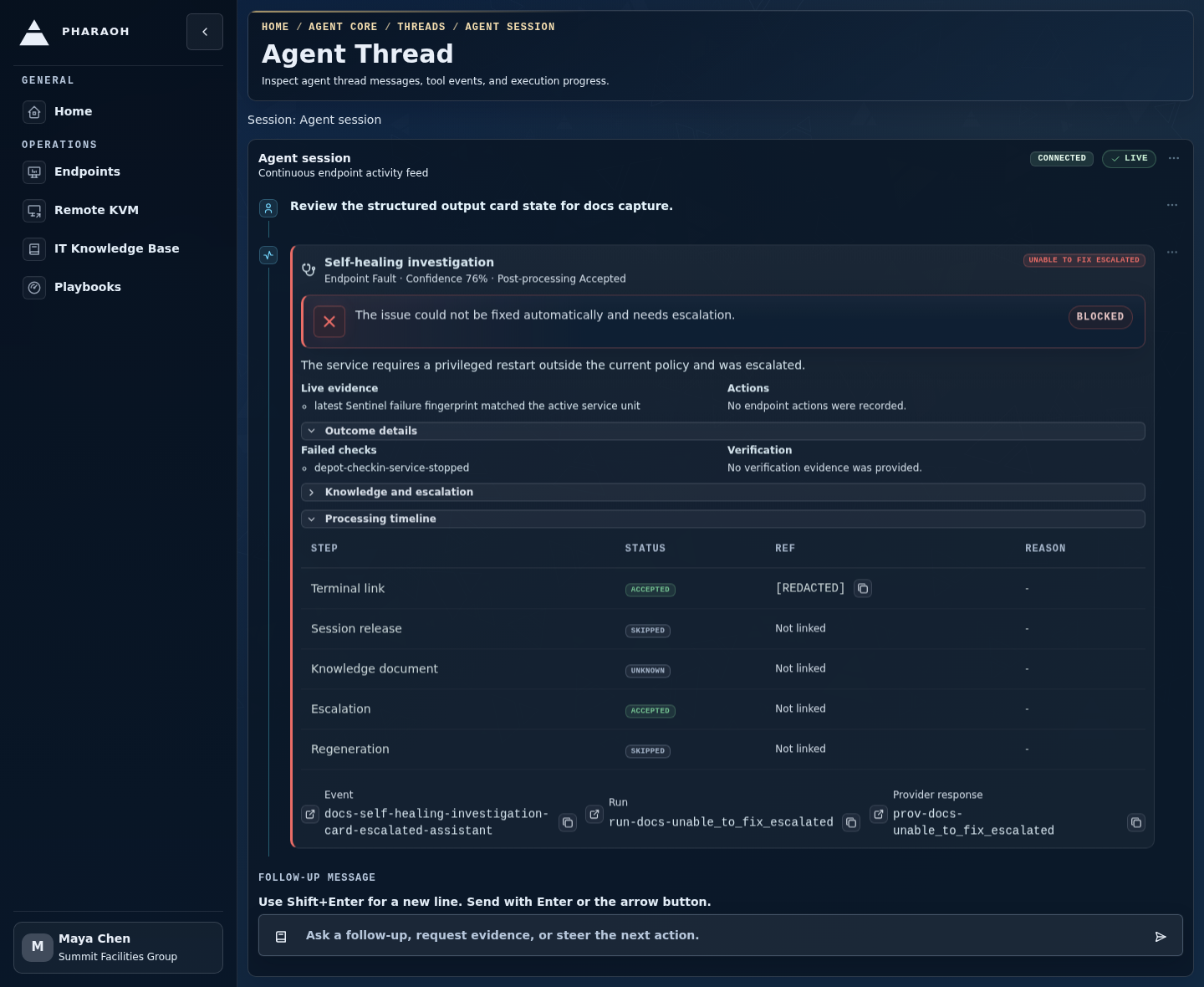 Self-healing investigation card showing an escalated blocked action, failed checks, and processing timeline