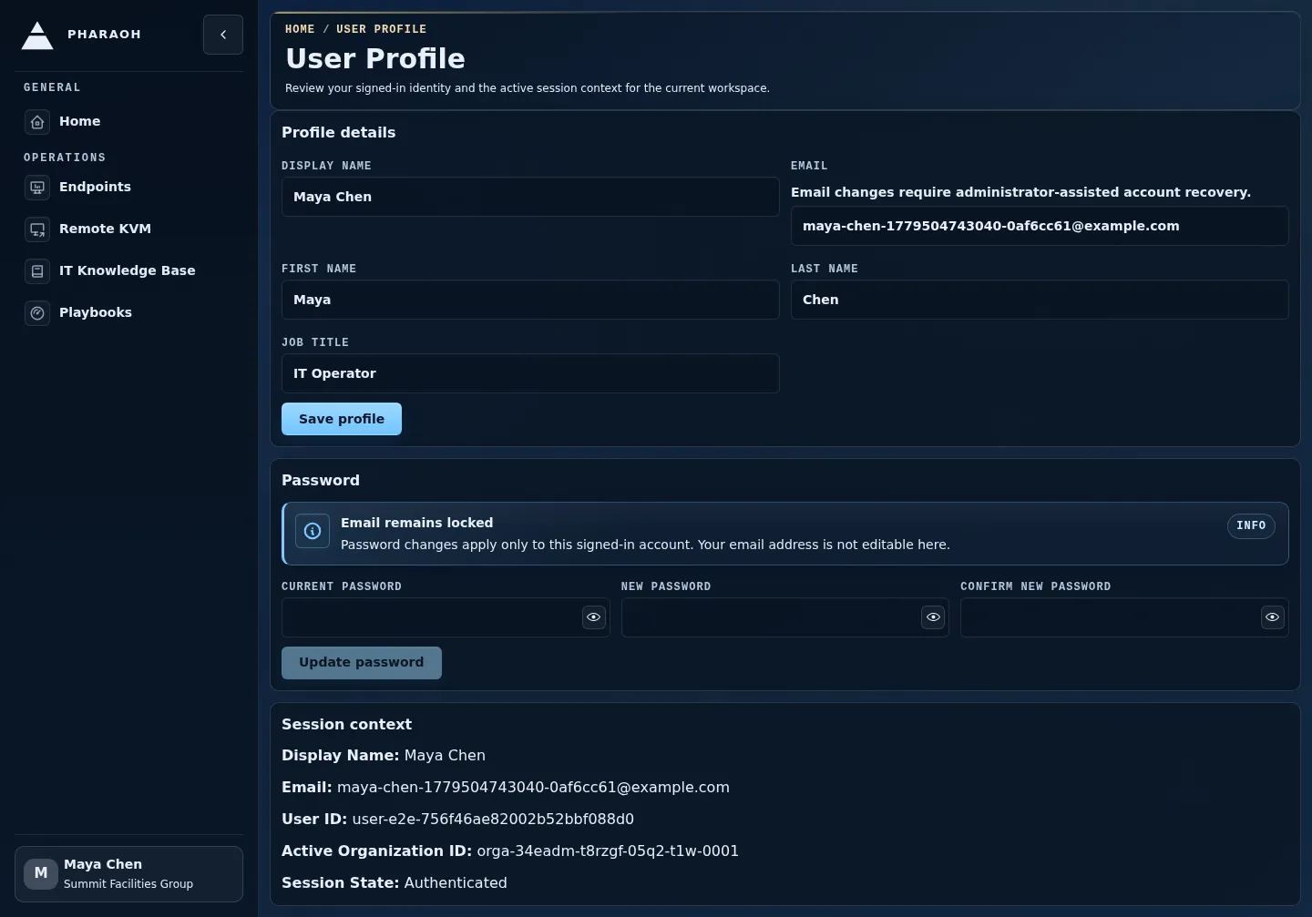 User Profile page showing identity details and the active session context.