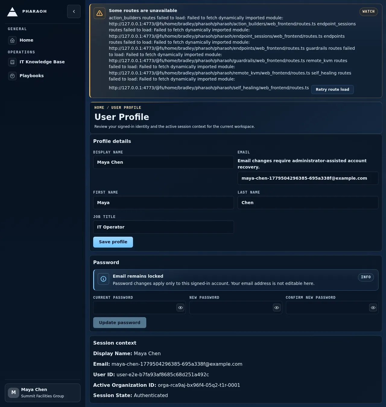 User Profile page showing the signed-in identity rows and session context section.