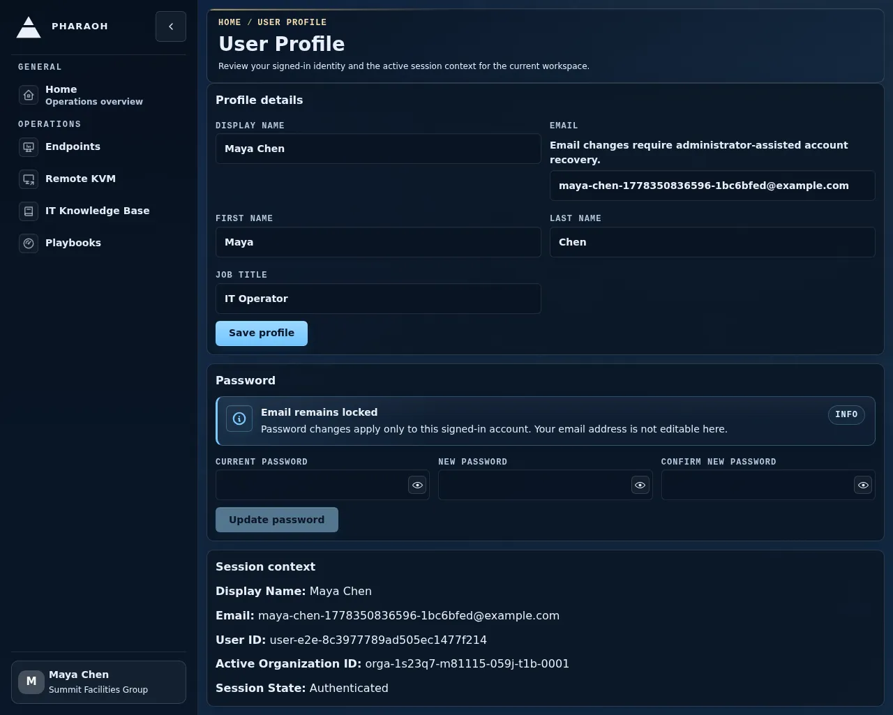 User Profile page showing the signed-in identity rows and session context section.