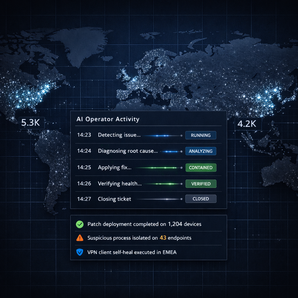 Beta interface preview showing AI operator workflow and endpoint telemetry